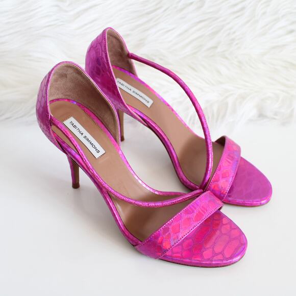 Tabitha Simmons Hot Pink Iridescent Lizard-Embossed Strappy High Heels - Picture 3 of 12